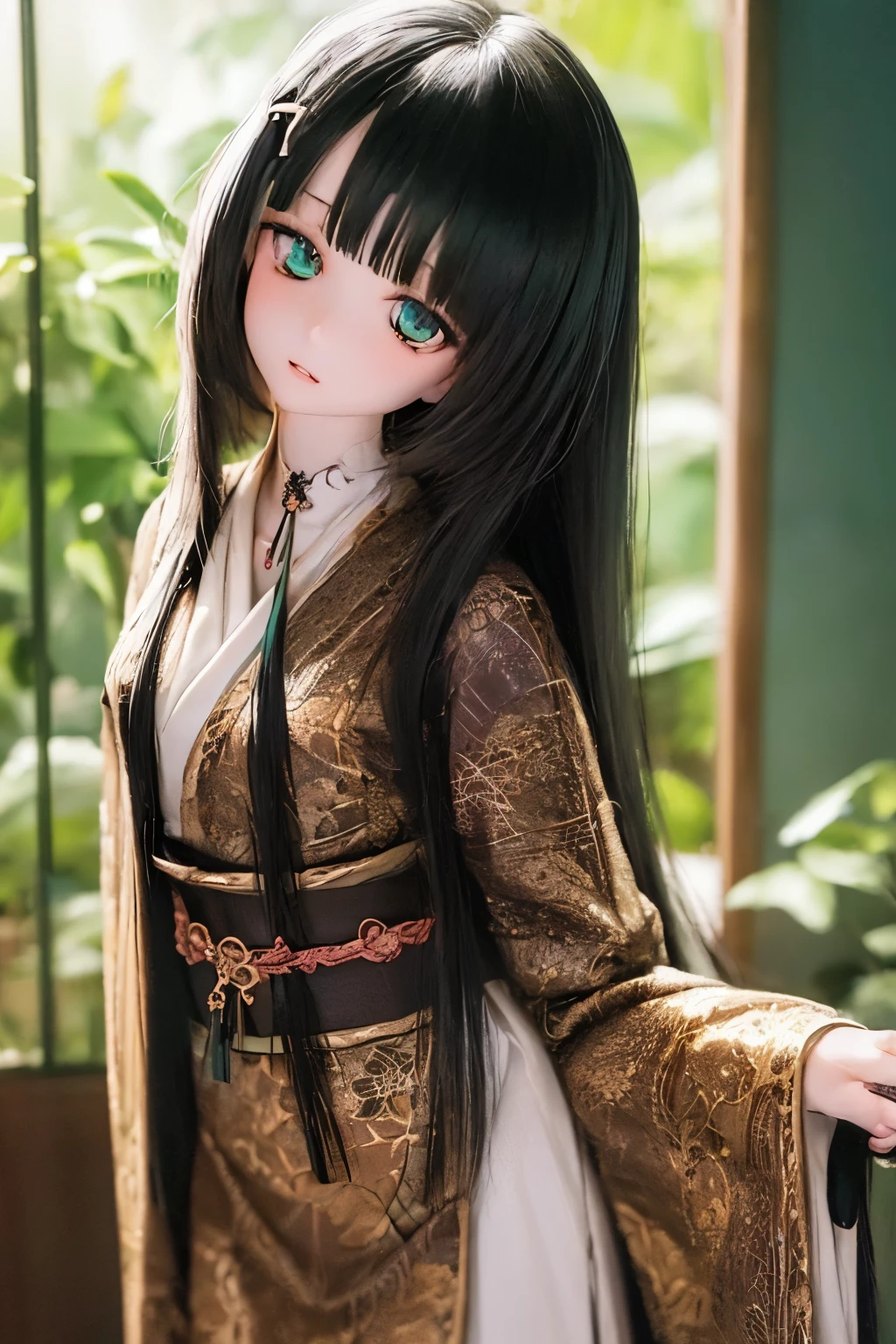 (SFW:2), photorealistic, realistic photo, ((highest quality)), ((masterpiece)), ((extremely detailed)), kukolnydom, doll, (mature woman:1.6), solo, ((cowboy shot, standing, skinny, slender, slim, kimono, obi, hair ornament)), green eyes, parted lips, (black hair, long hair, looking at another, blank eyes, empty eyes, detailed eyes, detailed clothes:1.3), Japanese room, 8k