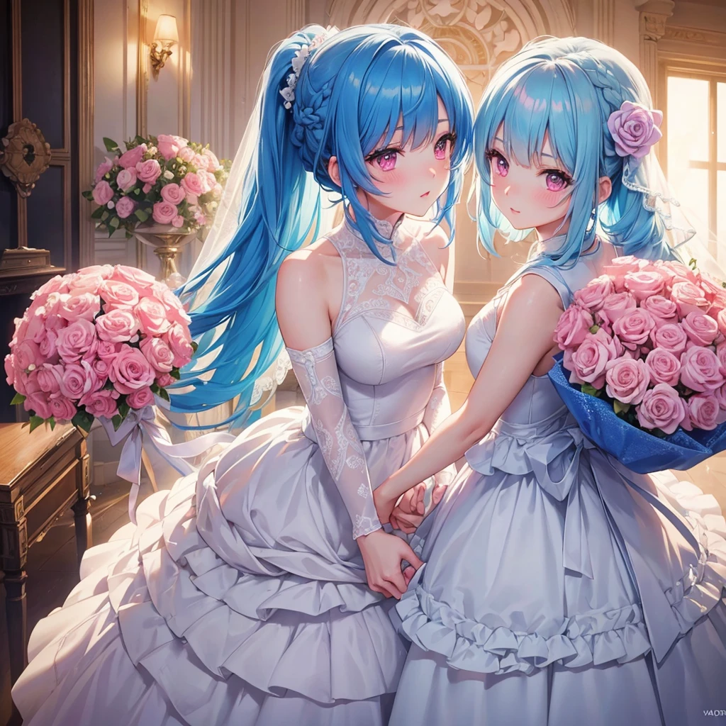 Sky blue hair, (Braided Ponytail),(Pink Eyes),Fair skin ,(whole body),(1 Girl),bride,blush,Straight bangs, 6月のbride,Wedding dress,(masterpiece, Highest quality, Very detailed, Best Shadow), (Detailed Background), (Beautifully detailed face), High Contrast, (Best lighting, Very delicate and beautiful), ((Cinematic Light)), colorful, Hyper Detail, Dramatic Light, Intricate details,Wedding hall,Bouquet of roses