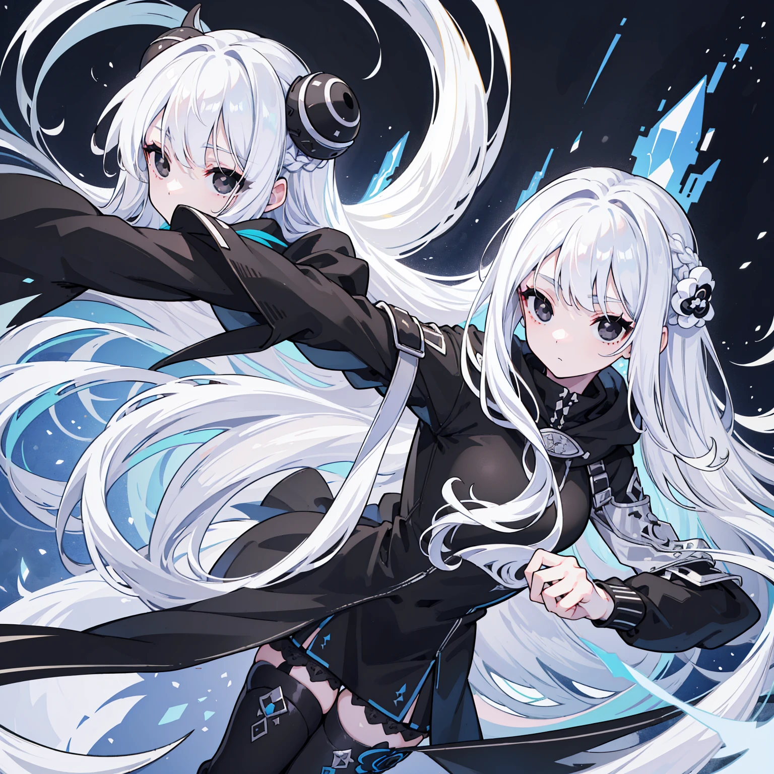 (Top image quality)、(Ultra Detailed)、(Facing forward)、top quality、masterpiece、(((1 girl)))、Silver Hair、white hair、((Long hair))、(black eyes:1.6)、hoodie dress