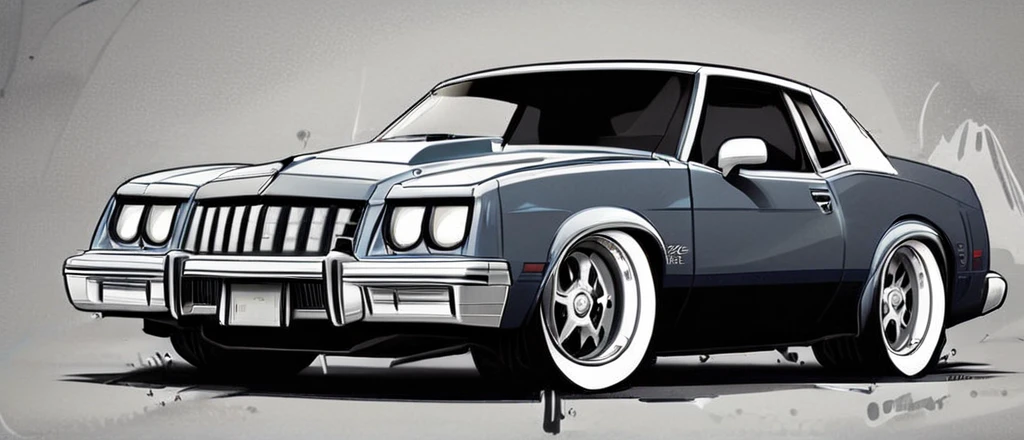 Dark blue 1986 Chevy monte carlo ss, pop art, cartoonish style ,detailed, illustration, slammed to the ground, large wheels, wide bodykit, masterpiece, highly detailed ((([simple grey background])))