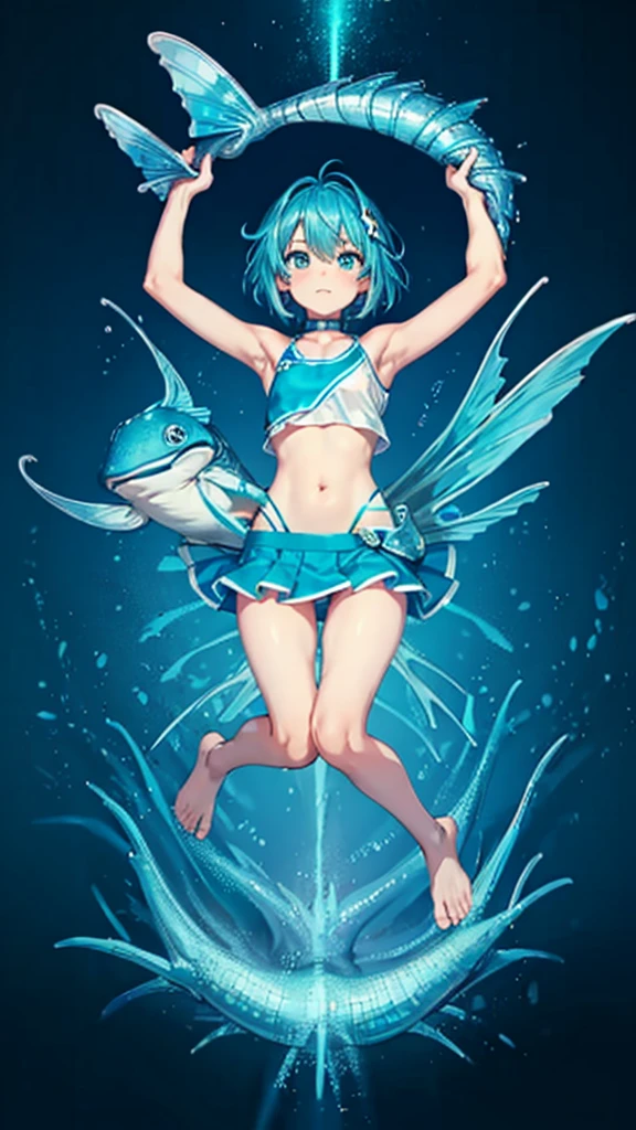 Aqua blue short hair and flat chest，White sleeveless top，Mini skirt，Murloc，Bare arms，Hand flippers，Bare Legs，barefoot，flippers，scales，deep sea