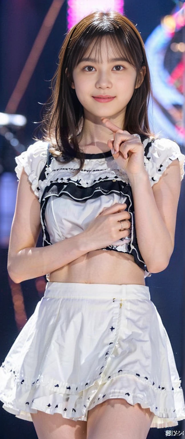 A short and cute idol、whole body、Good style、Shiny white frilly idol costume、mini skirt、A pure idol face、stage、White skin、(((Looking at the camera)))、( are visible)、Thighs