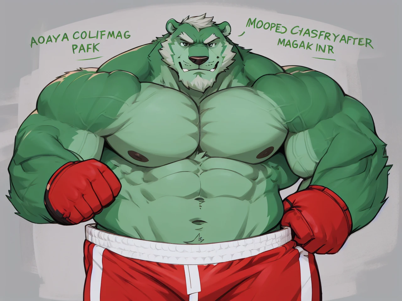 solo, 1boy, Huge Muscular White Polar Bear as the incredible Hulk wearing glasses, huge green fur, pectoral, huge pectoral, wide pectoral, short white hair, red colored boxing kickboxing shorts, red colored kickboxing gloves, footwear and shirtless and topless, white bearded, white Mustache, green fur, simple background, masterpiece, high detailed, 8k, high resolution, at the gym,