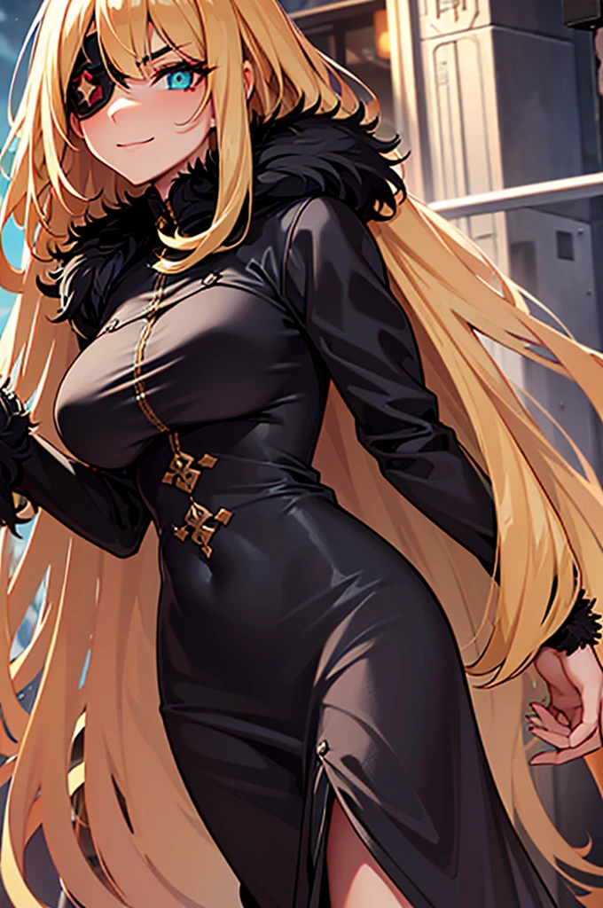 ((masterpiece)), ((best quality)), 1girl, adult, long hair, ((blonde hair)), very long blonde hair, ((intimidant look)), ((close-up)), profile image, green eyes, black and red clothes, sexy, dark colors, brillant eyes, ((coat with fur)), ((wavy hair)), exposed skin, ((sexy pose)), ((intimidant look)), good anatomy, ((dark sage clothes)), ((straight cut bangs)), emotionless, intimidant, ((beautiful eyes)), close up, ((detailed eyes)), beautiful eyes, ((detailed face)), hair bang, frontal look, evil, relaxed, smile, magical goddess othinus, detailed face, eyepatch, full body, ((detailed))