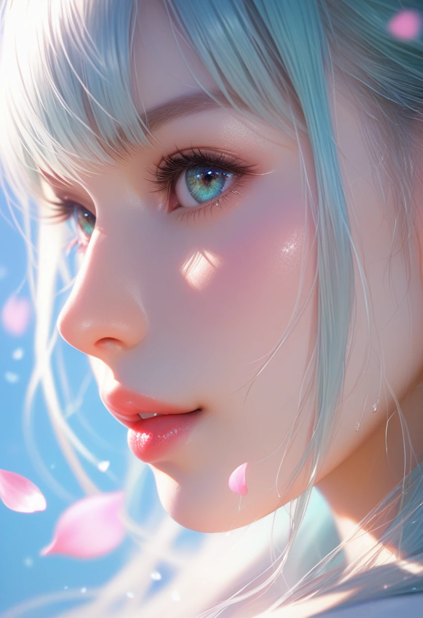 score_9, score_8_up, score_7_up, Girl's profile picture, light green long hair with bangs, light blue petals on cheeks, realistic skin texture, detailed picture, close-up, HD32k