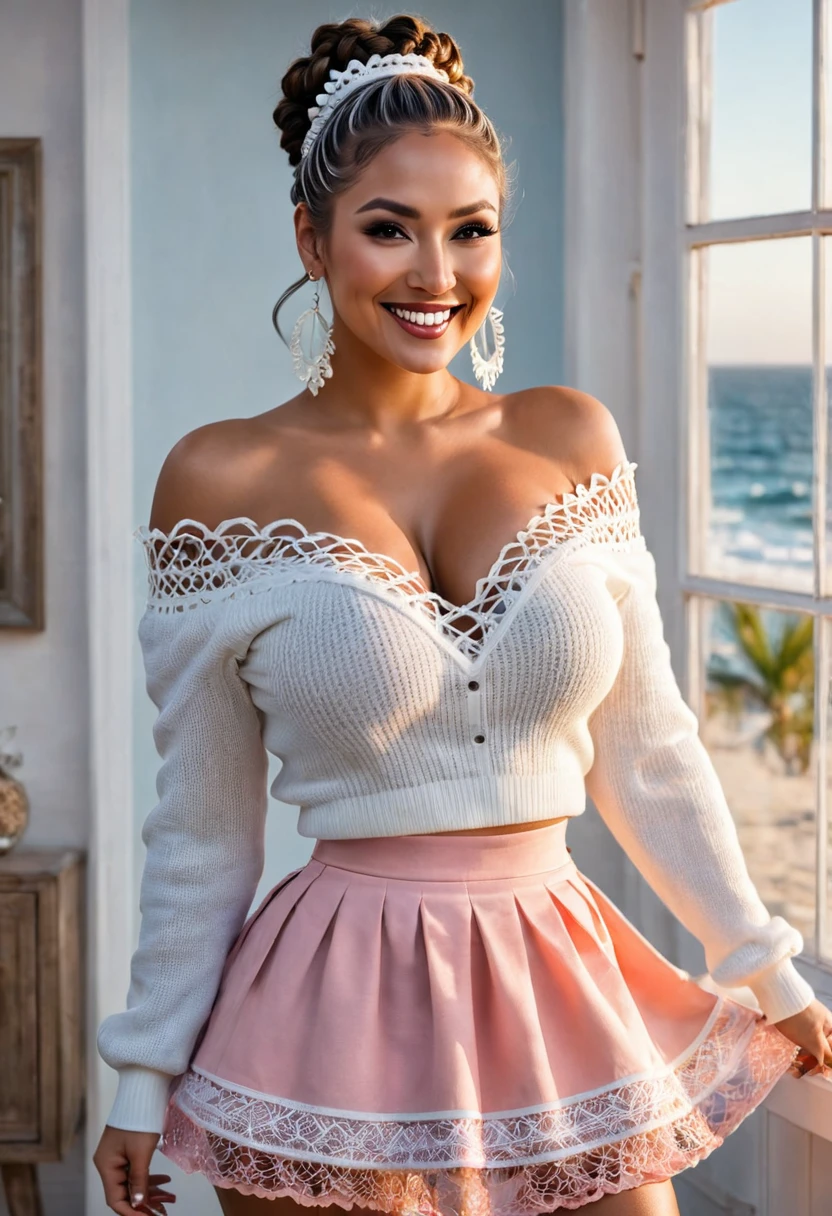 a beautiful Latina woman inside a house at sunset. The woman is dressed in a mini skirt with bobbin lace ruffles and a big baggy bobbin lace V-neck off-shoulder sweater. She has a happy smile and a sexy face, with silver hair styled into buns twisted into a ponytail adorned with braids and elaborate beads, and fishbone braided hair. Her fringes are transparent, and her hair includes accessories like clips and a floating ponytail. Use cinematic lighting with the sunset as the light source to emphasize her beauty. Ensure the image is of maximum quality, ultra-high resolution, 8k quality, and in sea art mode