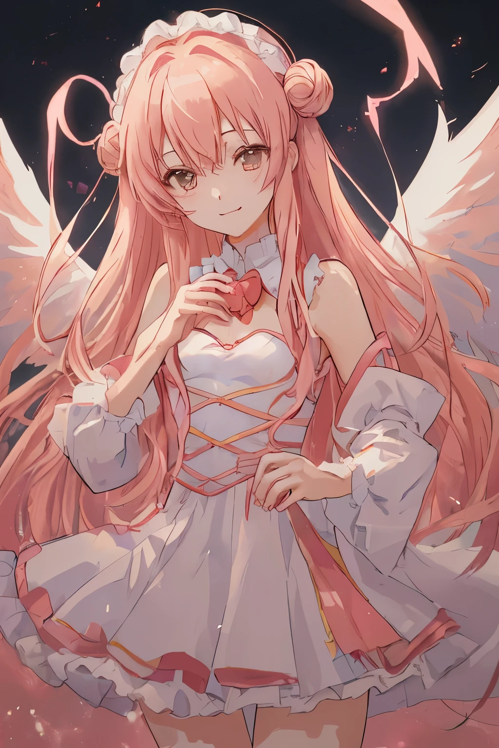1_girl, (anime, kawai:2), (masterpeice, best_quality, simple, cute, dreamy, vibrant, clean:1.5), (cute, cute_smile, young:1.8), (delicate, beautiful, thin:1.5), (girlfriend, angel:1.6), (green_eyes, simple_eyes:1.5) (long_hair, blond_hair, wearing_pink_dress, pink_angel_wings, sexy_gloves:1.5), extremely_delicate, (love_magic:1.5), (age_size_fits_body), (small_thighs:1.3), (breasts), (eye_level:1.3), (heart_magic, love:1.5),