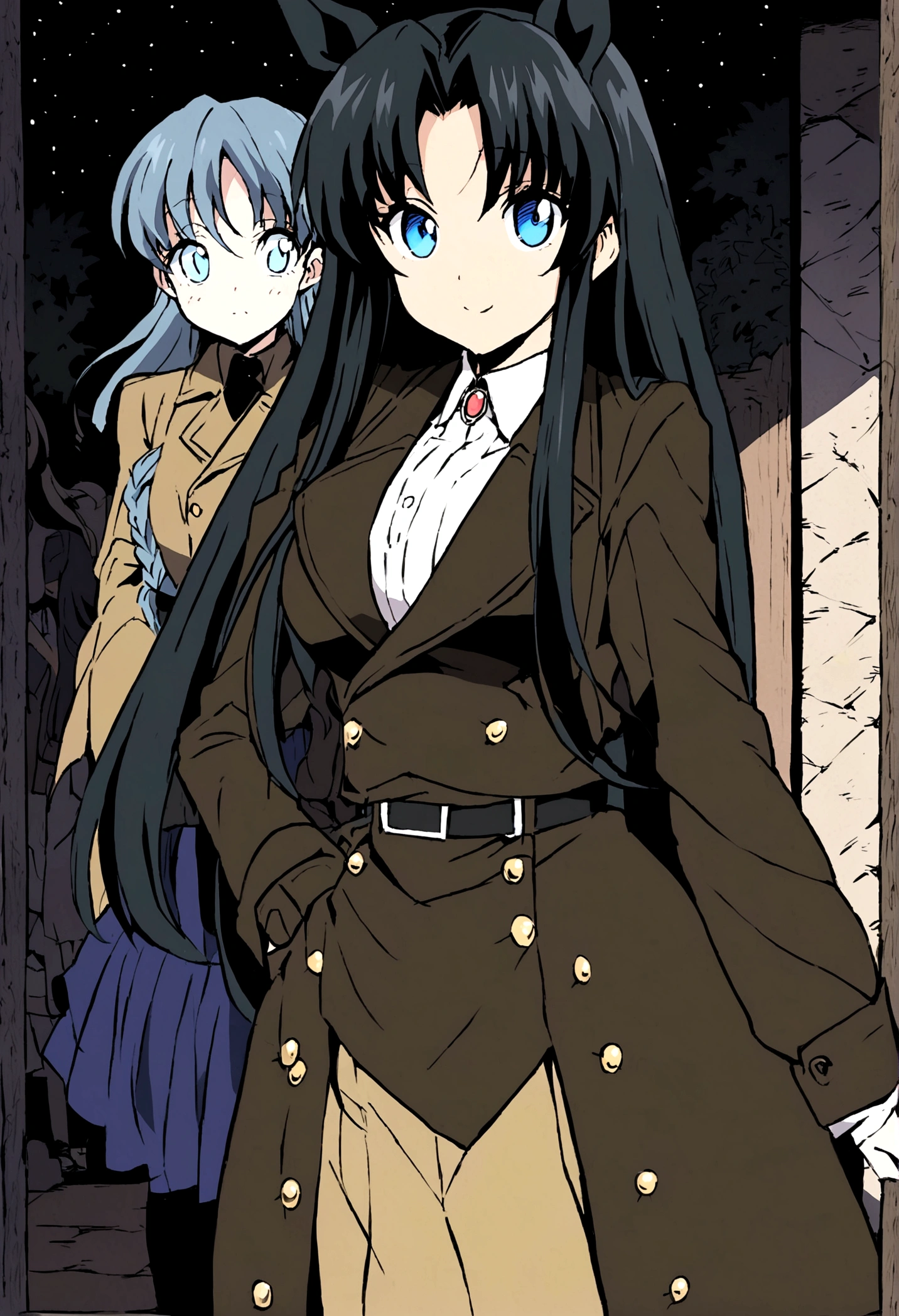 Anime girl with long black hair and blue eyes, Anime Moe Art Style, Gothic maiden anime girl, Gap Moe Yandere Grim Dark, Basic trench coat Female CEO, ghostly eyes and black hair, 1 7 - Year Old Anime Girl, ufotable's art style, by Hitoshi Homura, Fate-like anime style/Stay Night, Long Hair Anime Girl Light blue eyes Horse ears Horse Girl
