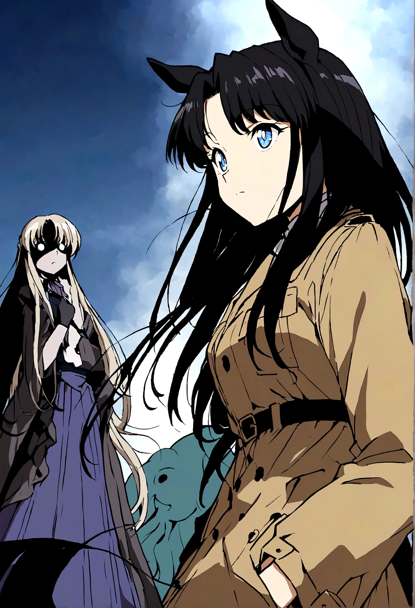 Anime girl with long black hair and blue eyes, Anime Moe Art Style, Gothic maiden anime girl, Gap Moe Yandere Grim Dark, Basic trench coat　Female CEO, ghostly eyes and black hair, 1 7 - Year Old Anime Girl, ufotable&#39;s art style, by Hitoshi Homura, Fate-like anime style/Stay Night, Long Hair Anime Girl　Light blue eyes　Horse ears　Horse Girl