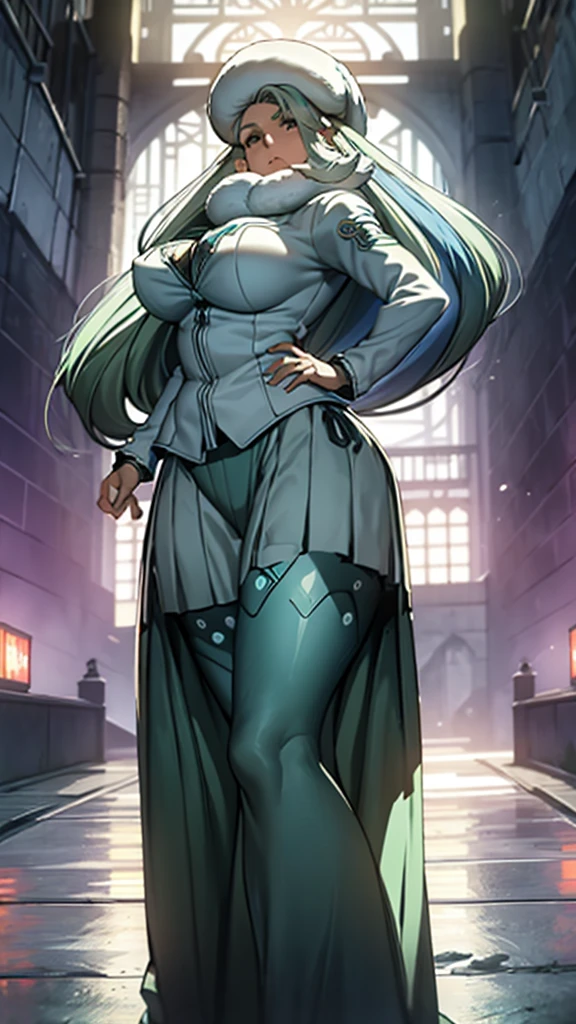 (high detailed)) 27 yo's woman, light cyan hair, Green mini beret, green Pandora's clothes,big And round breasts, gorgeous thicc plump body,angry expression,furious eyes,Green satellizer's outfit,Very long skirt, dynamic pose, perfect anatomy