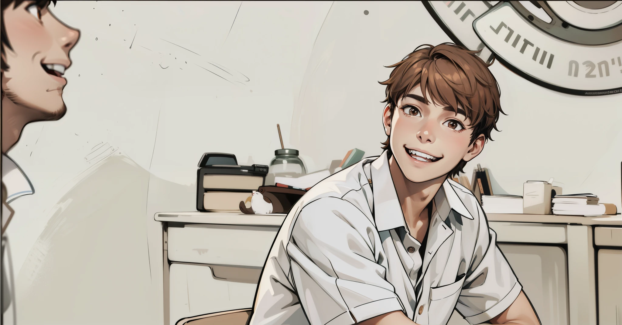 A smiling 17-year-old boy with brown hair, brown eyes, is sitting in the classroom.