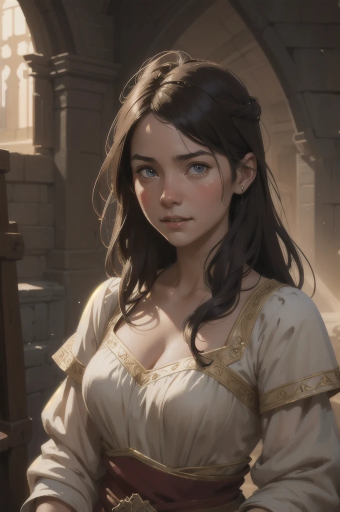 medieval girl, joyful, hope, close-up portrait, intricate, elegant, volumetric lighting, scenery, digital painting, highly detailed, artstation, sharp focus, illustration, concept art, ruan jia, steve mccurry