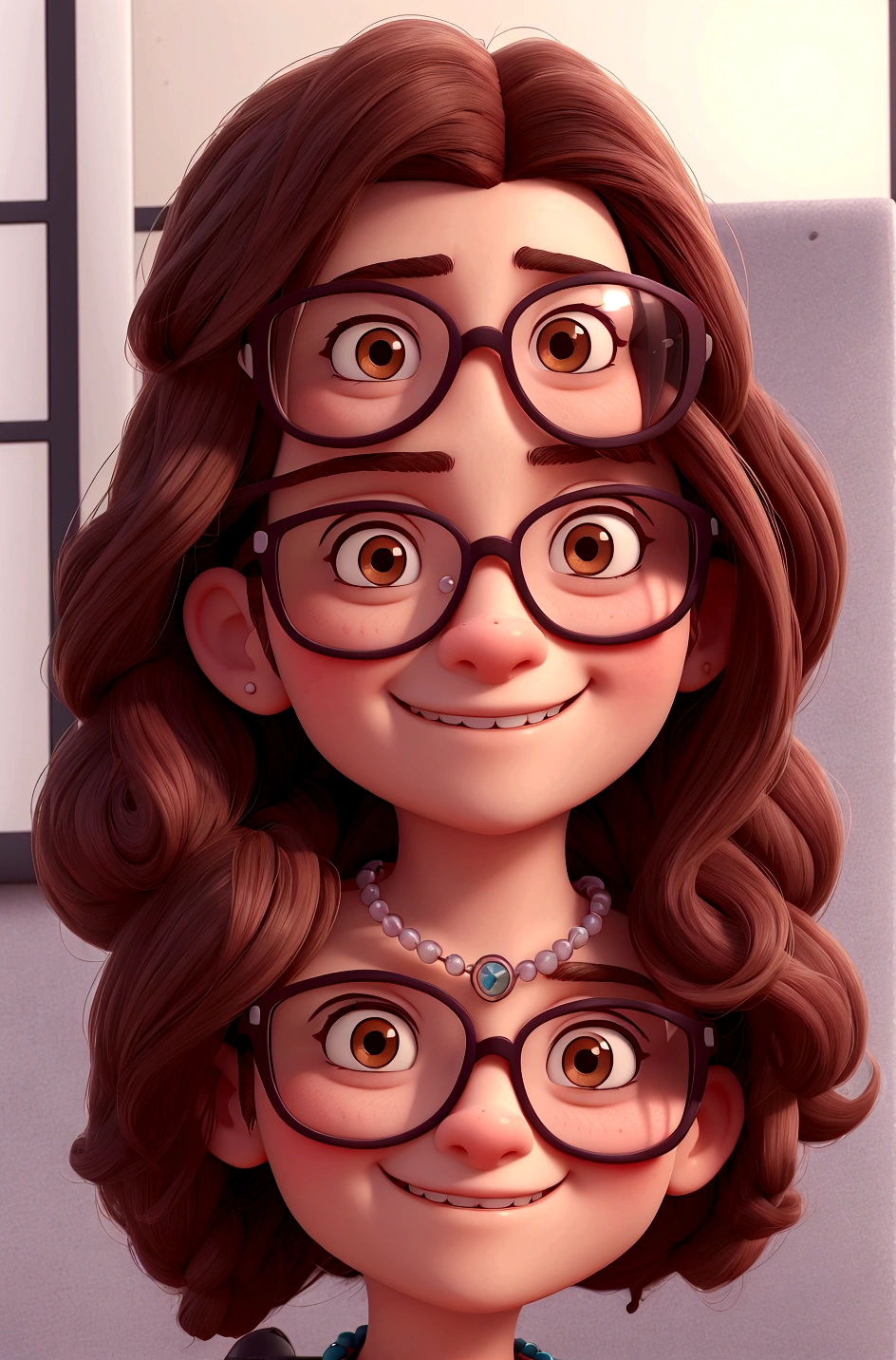 arafed woman with glasses and a necklace smiling at the camera, headshot profile picture, emily rajtkowski, girl wearing round glasses, girl with glasses, slightly smiling, front portrait, taken in the early 2020s, she wears harry potter glasses, headshot of young female furry, looking straight to camera, cute slightly nerdy smile, wearing small round glasses