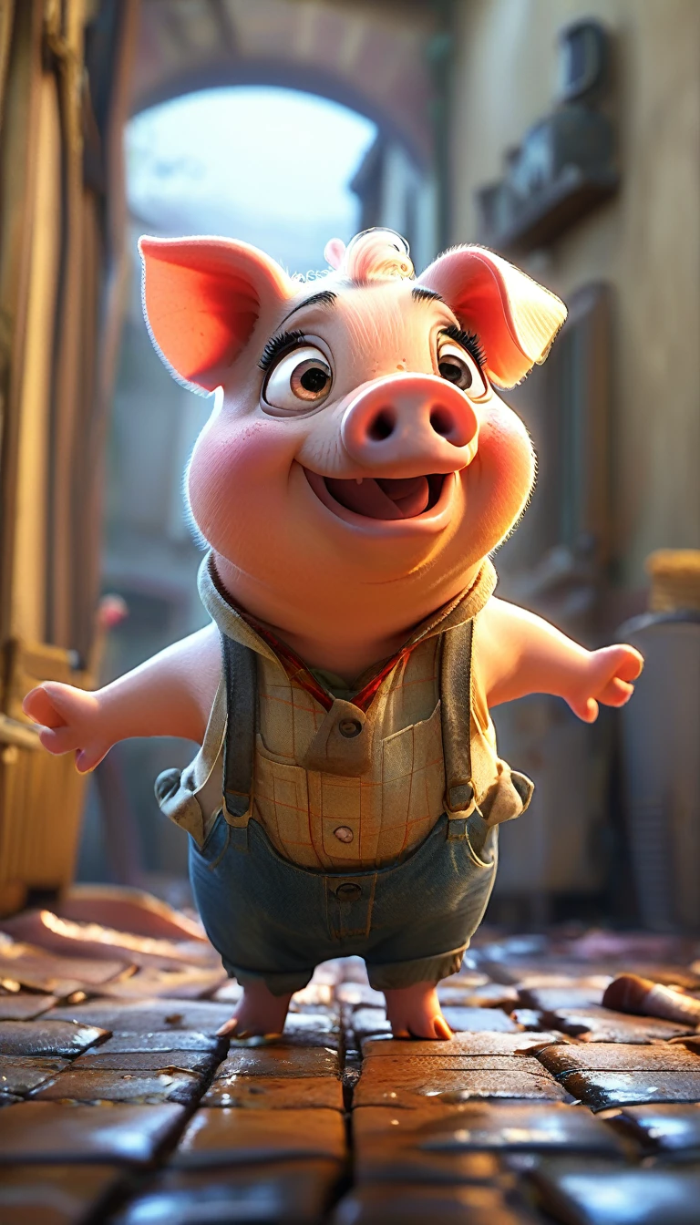 cute pig, cartoon , arms, hands ,cute eyes, pig ears,looking at viewer, arms up, dirty background, clothes, dirty