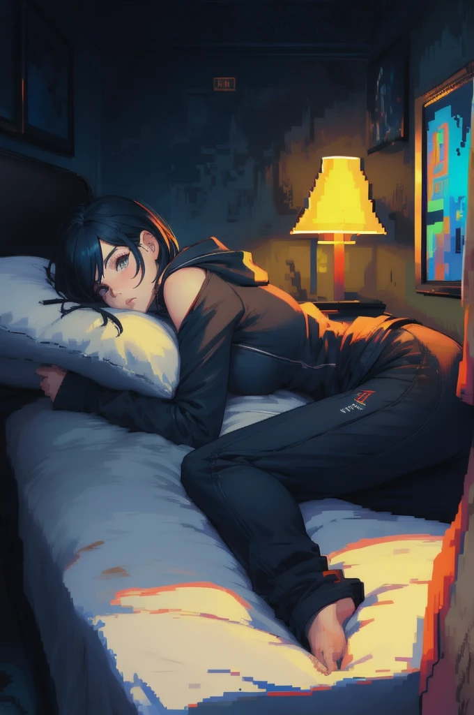 (Pixel art: 1.2), Beautiful Gothic Woman, Sexy Goth Girl, Designer sweatshirt coat with logo, pants, Short black hair with blue tips, Bedroom, Lying in bed, (Isaac Quek: 0.8) [By Ilya Kuvshinov: 0.65]