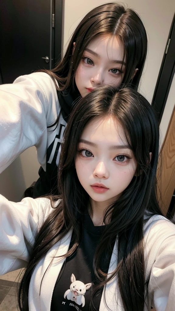 Lisa with black sweatshirt. Jennie with white sweatshirt ,selfie