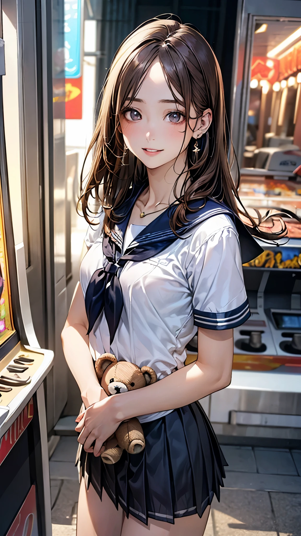 (masterpiece:1.2, top-quality), (realistic, photorealistic:1.4), beautiful illustration, (natural side lighting, movie lighting), nsfw, 
beautiful detailed hair, beautiful detailed face, beautiful detailed eyes, beautiful clavicle, beautiful body, beautiful chest, beautiful thigh, beautiful legs, beautiful hands, 
looking at viewer, 1 girl, japanese, high school girl, perfect face, cute and symmetrical face, shiny skin, 
(long hair, straight hair, brown hair), forehead, gray eyes, slant eyes, big eyes, long eye lasher, (medium breasts), (small ass, thin thighs), slender, outstanding style, 
((detailed cloth texture, serafuku, short sleeves, pleated skirt, sailor collar, scarf), finest underwear), earrings, necklace, 
(beautiful scenery), evening, summer, (amusement arcade), standing ((hugging, holding a teddy bear)), (seductive smile, upper eyes, parted lips),
