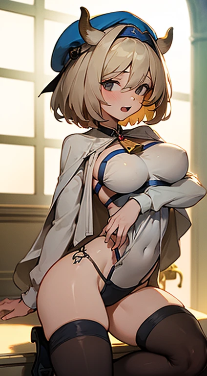{{{nsfw:1.7}}},(Best quality:1.1),{{{nude:1.5}}}, (Masterpiece:1.4), (Illustration fantastique:1.2), 1fille, cute girl, Short white hair, cow horns, cow ears, cow tail, bell, cow costume, Big breasts:1.4, skinny body:1.4, clothes like spotted cowhide,{{{{{pubic tattoo:1.5}}}}},fantasy,skirt lift:1.5, show off race panties:1.5, cameltoe:1.5, an extremely delicate,
beautiful girl,
break,
8K,
best quality,
masterpiece,
ultra hires,
ultra detailed girl,
break,
Close-up of girl,
best detailed girl,
shiny,
outdoors,
bright,
break,
1girl,
solo,
college age,
Perfect female body,
short hair,
Air bangs,
long bangs between eyes,
fluffy hair,
brown hair,
boyish face,
smile,
Slightly open mouth,
black eyes,
colored skin,
Bare thighs,
Bare shoulder,
Bare navel,
Large breasts,
Narrow waist,
break,
thick thigh high socks,
navy beret,
white shirt,
black Tube top,
brown pleated mini skirt,
long sleeves,
