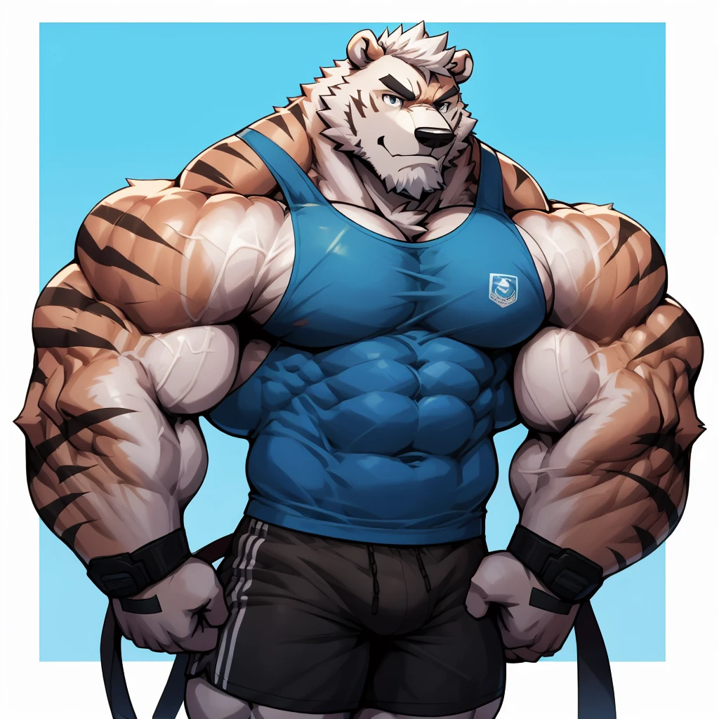 solo, 1boy, Huge Muscular White Polar Bear wearing glasses, huge white fur, pectoral, huge pectoral, wide pectoral, short white hair, blue colored short pants, blue colored wristbands and blue colored tank top, white bearded, white Mustache, white fur, simple background, masterpiece, high detailed, 8k, high resolution, at the gym, flexes huge muscles