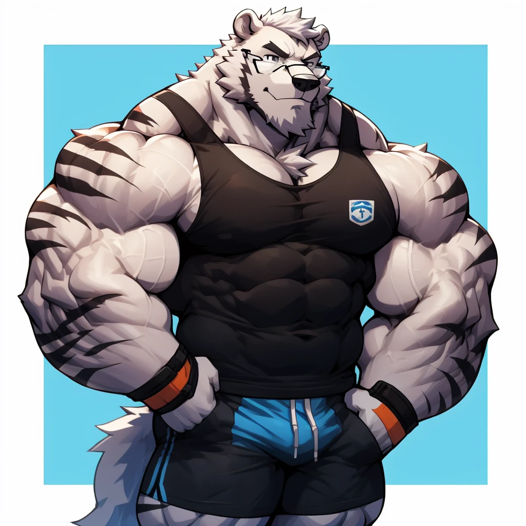 solo, 1boy, Huge Muscular White Polar Bear wearing glasses, huge white fur, pectoral, huge pectoral, wide pectoral, short white hair, blue colored short pants, blue colored wristbands and blue colored tank top, white bearded, white Mustache, white fur, simple background, masterpiece, high detailed, 8k, high resolution, at the gym, flexes huge muscles