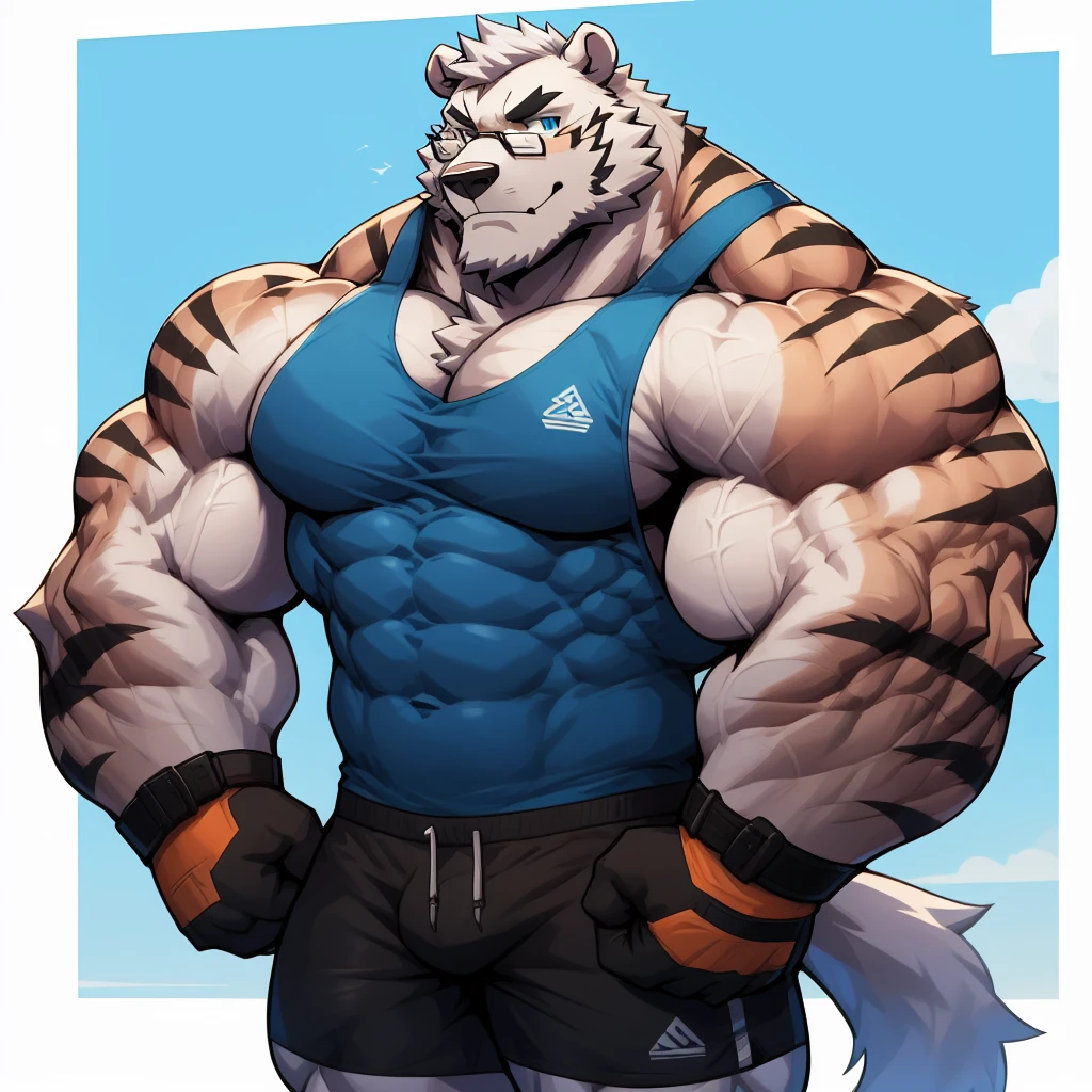 solo, 1boy, Huge Muscular White Polar Bear wearing glasses, huge white fur, pectoral, huge pectoral, wide pectoral, short white hair, blue colored short pants, blue colored wristbands and blue colored tank top, white bearded, white Mustache, white fur, simple background, masterpiece, high detailed, 8k, high resolution, at the gym, flexes huge muscles