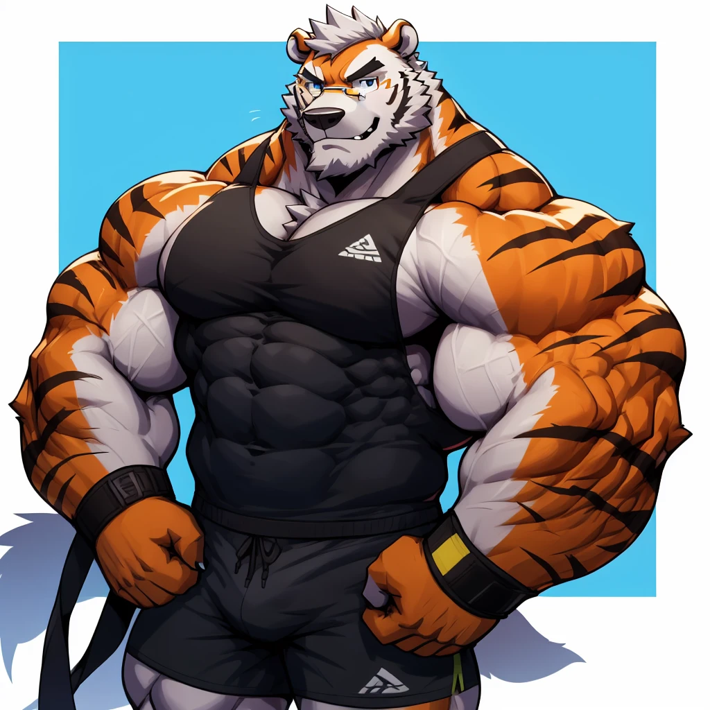 solo, 1boy, Huge Muscular White Polar Bear wearing glasses, huge white fur, pectoral, huge pectoral, wide pectoral, short white hair, blue colored short pants, blue colored wristbands and blue colored tank top, white bearded, white Mustache, white fur, simple background, masterpiece, high detailed, 8k, high resolution, at the gym, flexes huge muscles