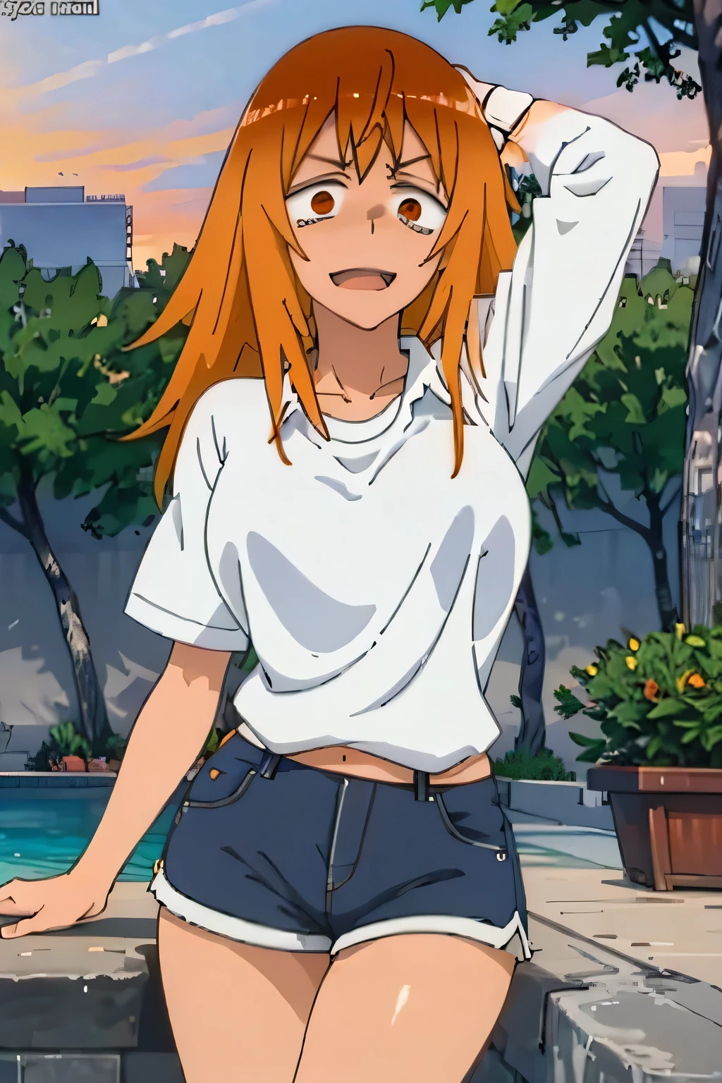 best quality, masterpiece, high resolution, solo, gamo chan from the anime ijiranaide nagatoro san, voluptuous body, curves, thighs, breasts, orange eyes, orange hair, shorts, long loose t-shirt, beach, sunset,
