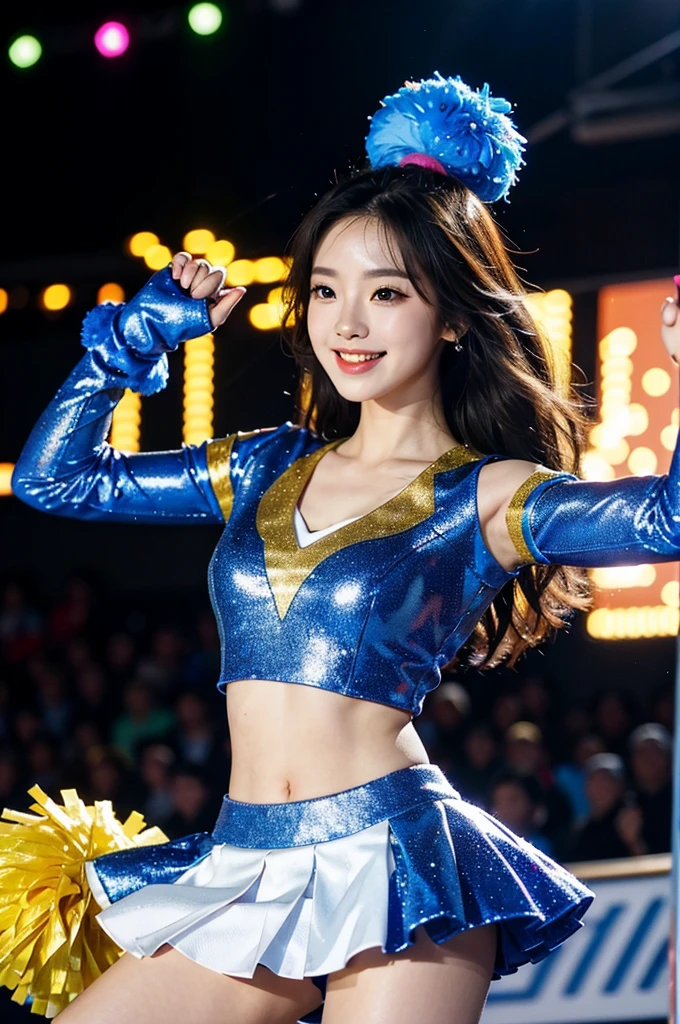 Beautiful Korean idol cheerleader
posters,Painting,high resolution,Ultra-detailed,Realistic:1.37,Vivid colors,hdr,Studio lighting,Sharp focus,
Dance energetically,Smiling happily,Perfect makeup,Stunning costumes,
crowd cheering,exciting atmosphere,dynamicposes,Expressive movements,
Beautiful hair,Sparkling eyes,rosycheeks,full pouty lips,
Colorful pompoms,Flying confetti,Glowing spotlights,
Engaging performance,Spirited cheers,Unforgettable memories