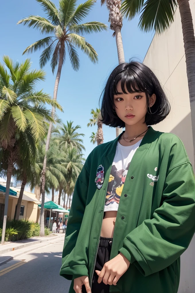 Fun minded character, palmtrees, with black hair and green skin color