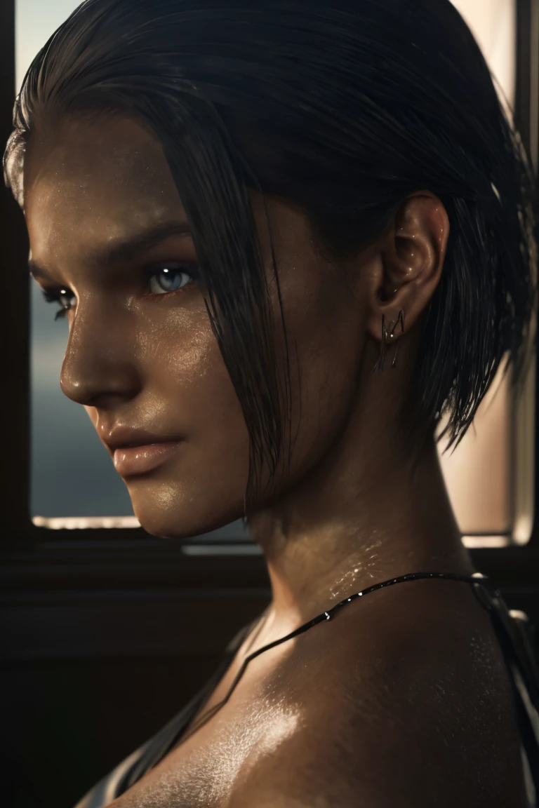 a masterpiece portrait of jill valentine from re3 remake, beautiful detailed blue eyes, detailed brown hair in long bob hairstyle, oval face, woman sitting on a bed looking out the window of a city, dirt stains, (best quality,4k,8k,highres,masterpiece:1.2),ultra-detailed,(realistic,photorealistic,photo-realistic:1.37),HDR,UHD,studio lighting,ultra-fine painting,sharp focus,physically-based rendering,extreme detail description,professional,vivid colors,bokeh, bangs straight behind the ear:1.1, frontal pose, white skin 