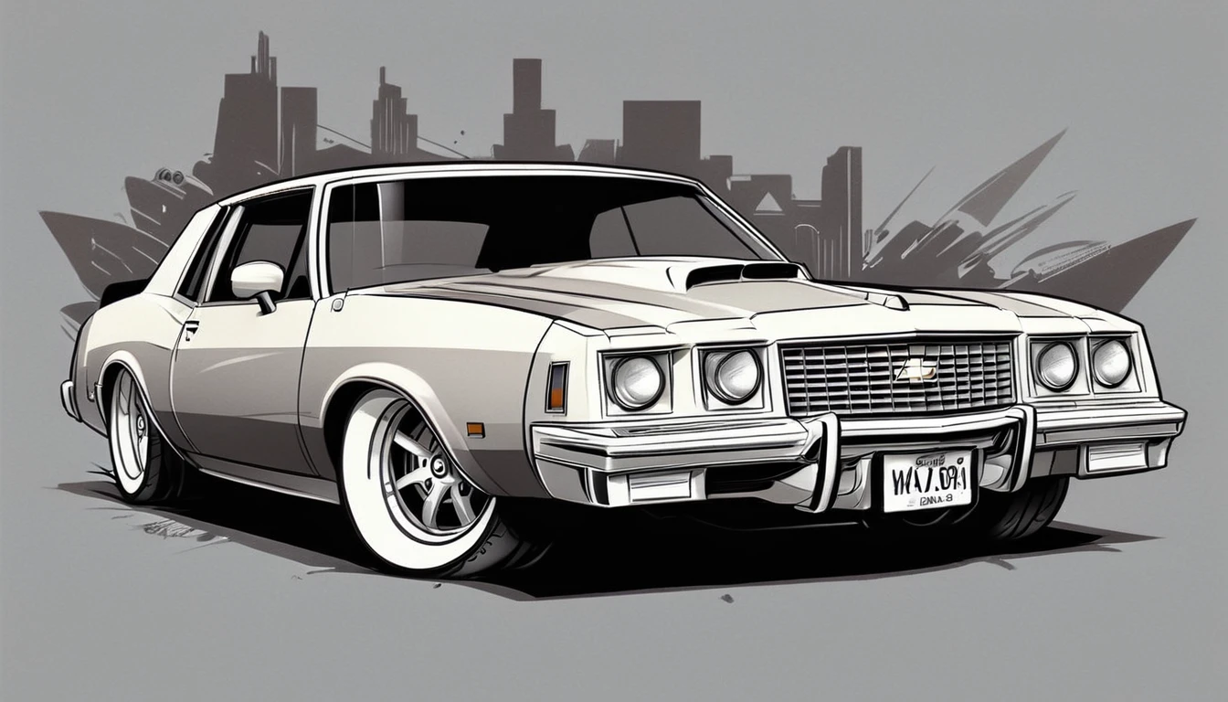 1986 Chevy monte carlo ss, pop art, cartoonish style ,detailed, illustration, slammed to the ground, large wheels, wide bodykit, masterpiece, highly detailed ((([simple grey background])))