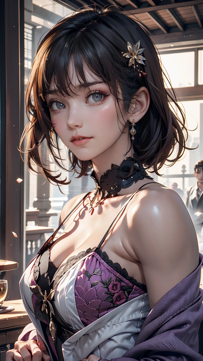 (masterpiece))), ((Highest quality)), ((Intricate details)), ((Surreal)), Absurd real women, whole body的,, Very detailed, shape, 1 Girl, Perfect hands, Delicate fingers、Beautiful and delicate eyes, short hair, Brown iOS:1.2), purple紧身裙, Detailed Background, collar, Perfect Eyes, Looking at the audience, from the front,whole body,Extreme numbers,lift,purple