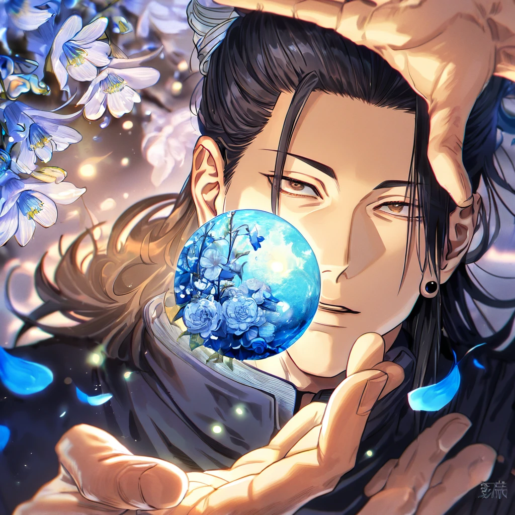 absurdres, highres, ultra detailed, HDR, master piece, Getou Suguru, black hair tied in a bun, expressive brown eyes, black shirt, black piercing, Jujutsu Kaisen, man, handsome, best quality, blue moon, flowers, fantasy, magical, solo, water, blue shining fireflies, blue petals, Jujutsu Kaisen uniform