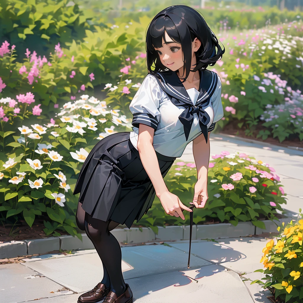 (Highest quality, High resolution, Super detailed, Realistic:1.37), Peaceful atmosphere, (Outdoor, garden), age girl standing alone,(my breasts are big.),Beautifully detailed features, Cute Smile, ((Black bob hair)),Short-sleeved sailor uniform, Pleated skirt,Black tights,Brown leather shoes.