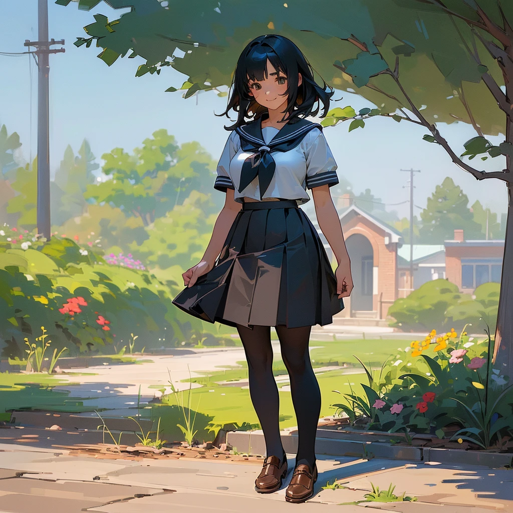 (Highest quality, High resolution, Super detailed, Realistic:1.37), Peaceful atmosphere, (Outdoor, garden), Teenage girl standing alone,(my breasts are big.),Beautifully detailed features, Cute Smile, ((Black bob hair)),Short-sleeved sailor uniform, Pleated skirt,Black tights,Brown leather shoes.
