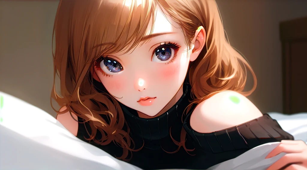 beautiful girl、Black knit、On the bed、Eye highlightasterpiece、high resolution、Upper body close-up