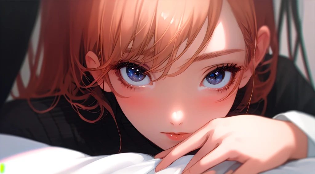 beautiful girl、Black knit、On the bed、Eye highlightasterpiece、high resolution、Upper body close-up