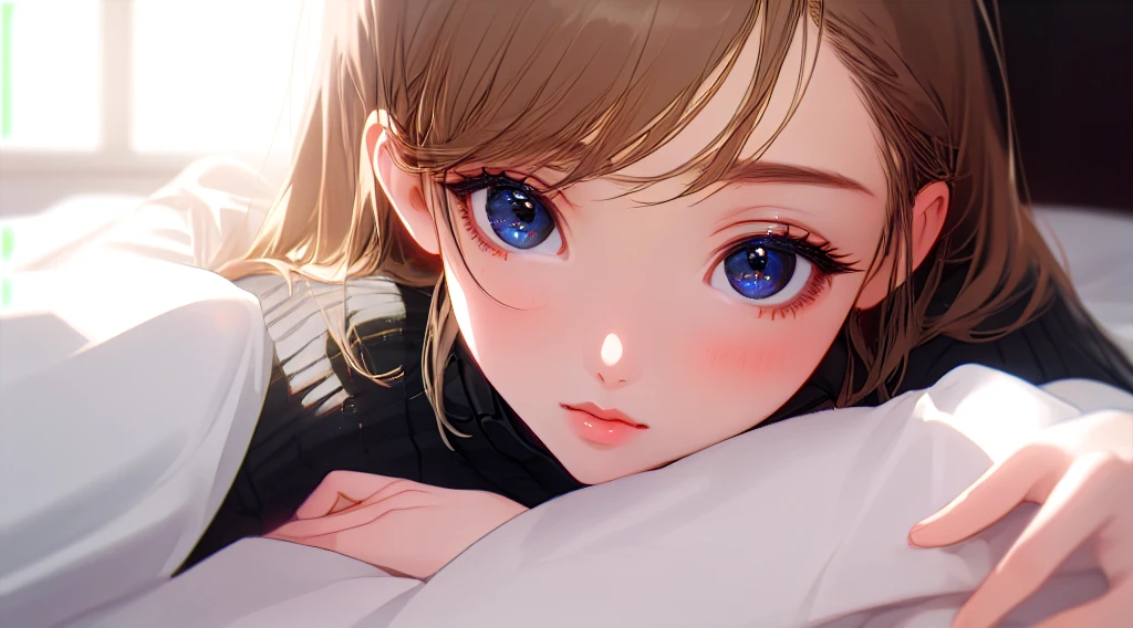 beautiful girl、Black knit、On the bed、Eye highlightasterpiece、high resolution、Upper body close-up