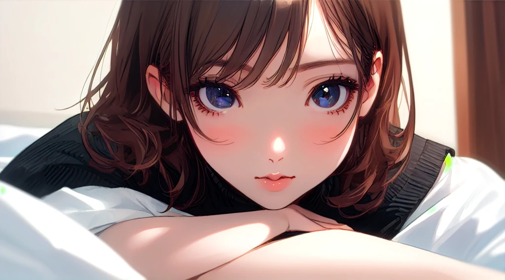 beautiful girl、Black knit、On the bed、Eye highlightasterpiece、high resolution、Upper body close-up