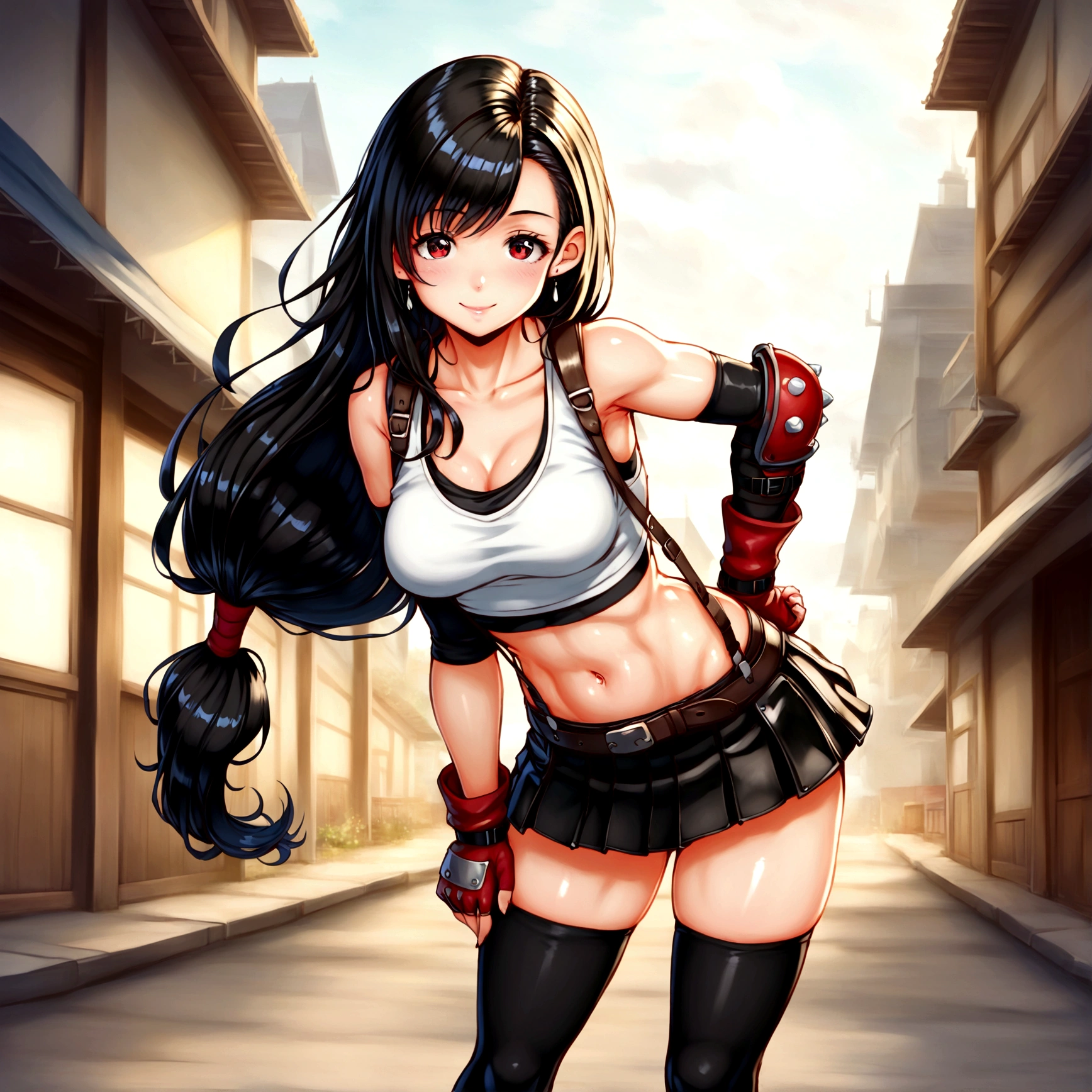 score_9, score_8_up, score_7_up,score_6, score_5,BREAK , from behind,standing, legs apart, bent over, upside-down,.,(mediumshot),straight-on, ,1girl, tifa lockhart, final fantasy, tareme,black hair, low-tied long hair, red eyes, bangs, (white tank top, belt, pleated skirt, thighhighs, elbow fingerless gloves, elbow pads, midriff, navel,suspender skirt) ,(large_breast),(light smile),Curvy waist,,Solo,,(daytime,outdoor ),detailed,(best quality),(aesthetic,very aesthetic),UHD,HDR,extremely detailed CG unity 8k wallpaper,anime,highly detailed,sharp focus,depth of field,,professional lighting,cinematic lighting, , 　　