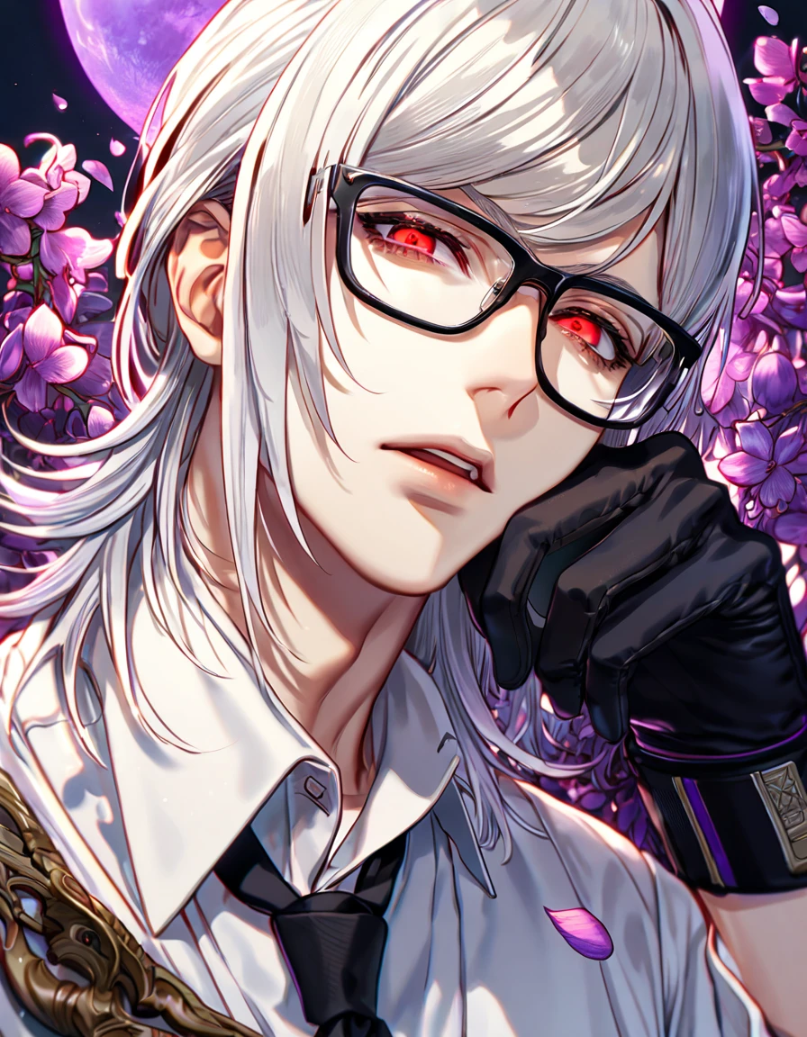 absurdres, highres, ultra detailed, HDR, master piece, best quality, Adam, white hair, medium hair, expressive red eyes, Nier Automata, solo, sexy man, handsome, glasses with black frames, white shirt, black necktie, black gloves, fantasy, purple moon, purple flowers, purple blossoms, purple petals, fireflies