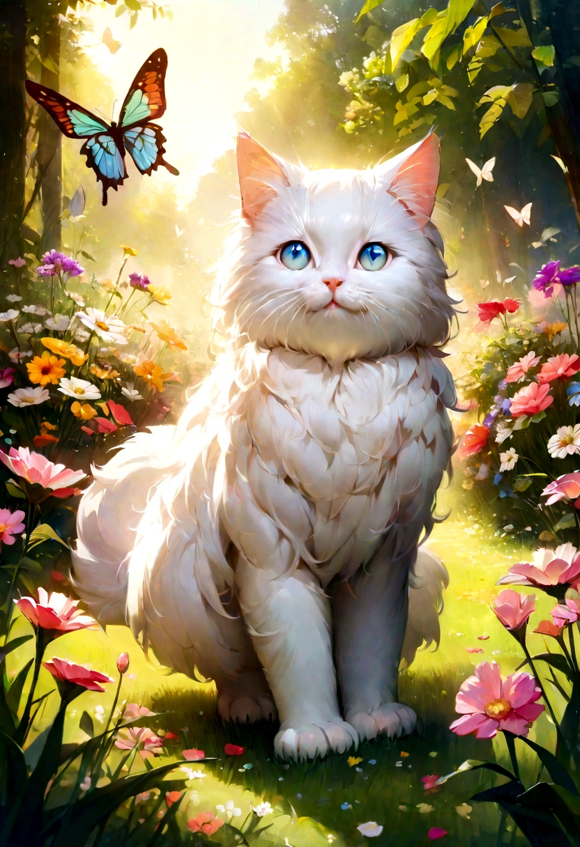 (Best quality,Ultra-detailed,Realistic),A kitten watching a butterfly,Beautiful detailed eyes,curious expressions,with its soft fur,Small paws,Fluffy tail,Cute beard,Sun-drenched garden background,Lush green grass,Bright flowers,Delicate butterfly wings,Float gracefully,Colorful petals,Gentle breeze,Playful movements,Vivid colors,Artistic rendering,subtly lit