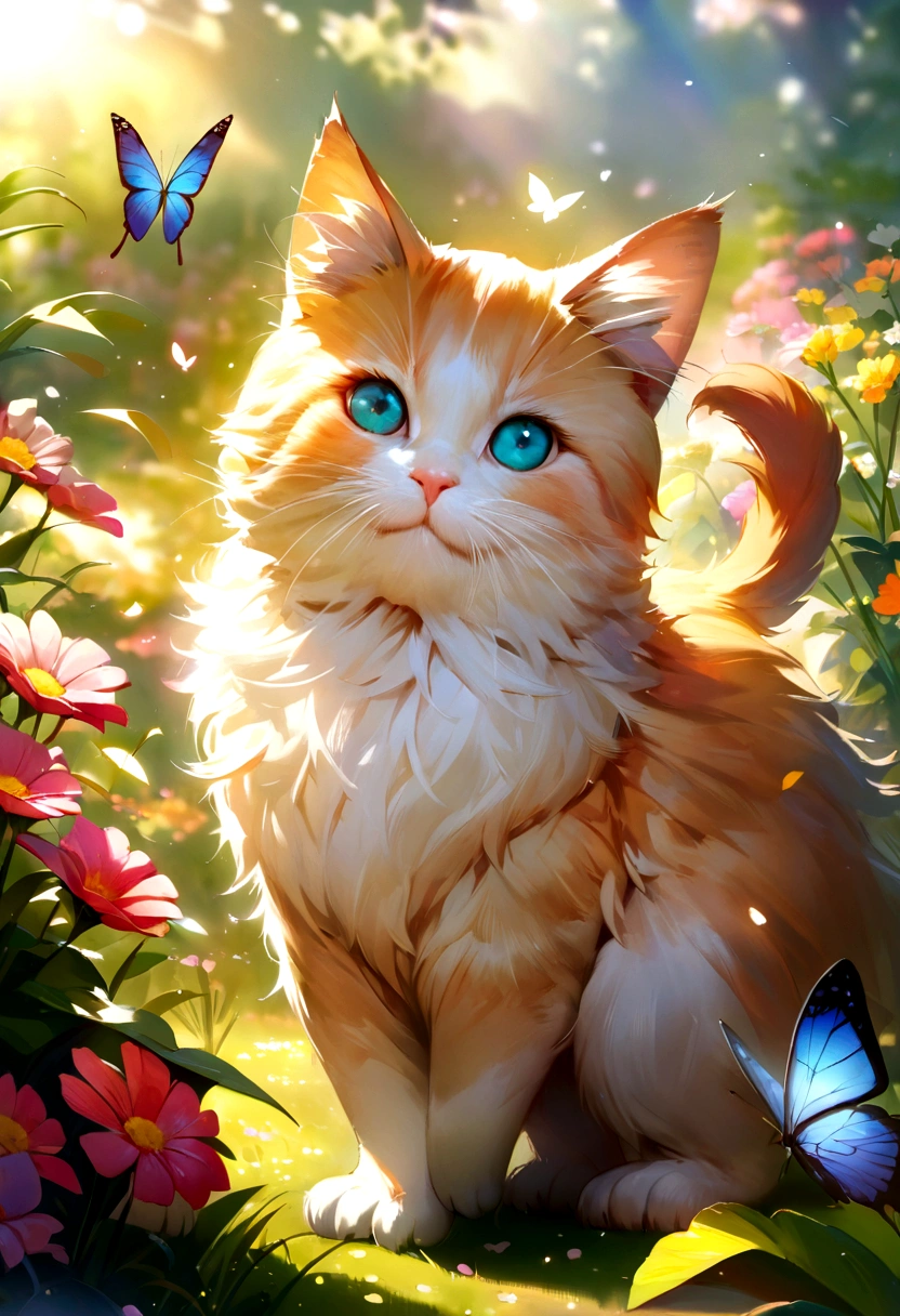 (Best quality,Ultra-detailed,Realistic),A kitten watching a butterfly,Beautiful detailed eyes,curious expressions,with its soft fur,Small paws,Fluffy tail,Cute beard,Sun-drenched garden background,Lush green grass,Bright flowers,Delicate butterfly wings,Float gracefully,Colorful petals,Gentle breeze,Playful movements,Vivid colors,Artistic rendering,subtly lit