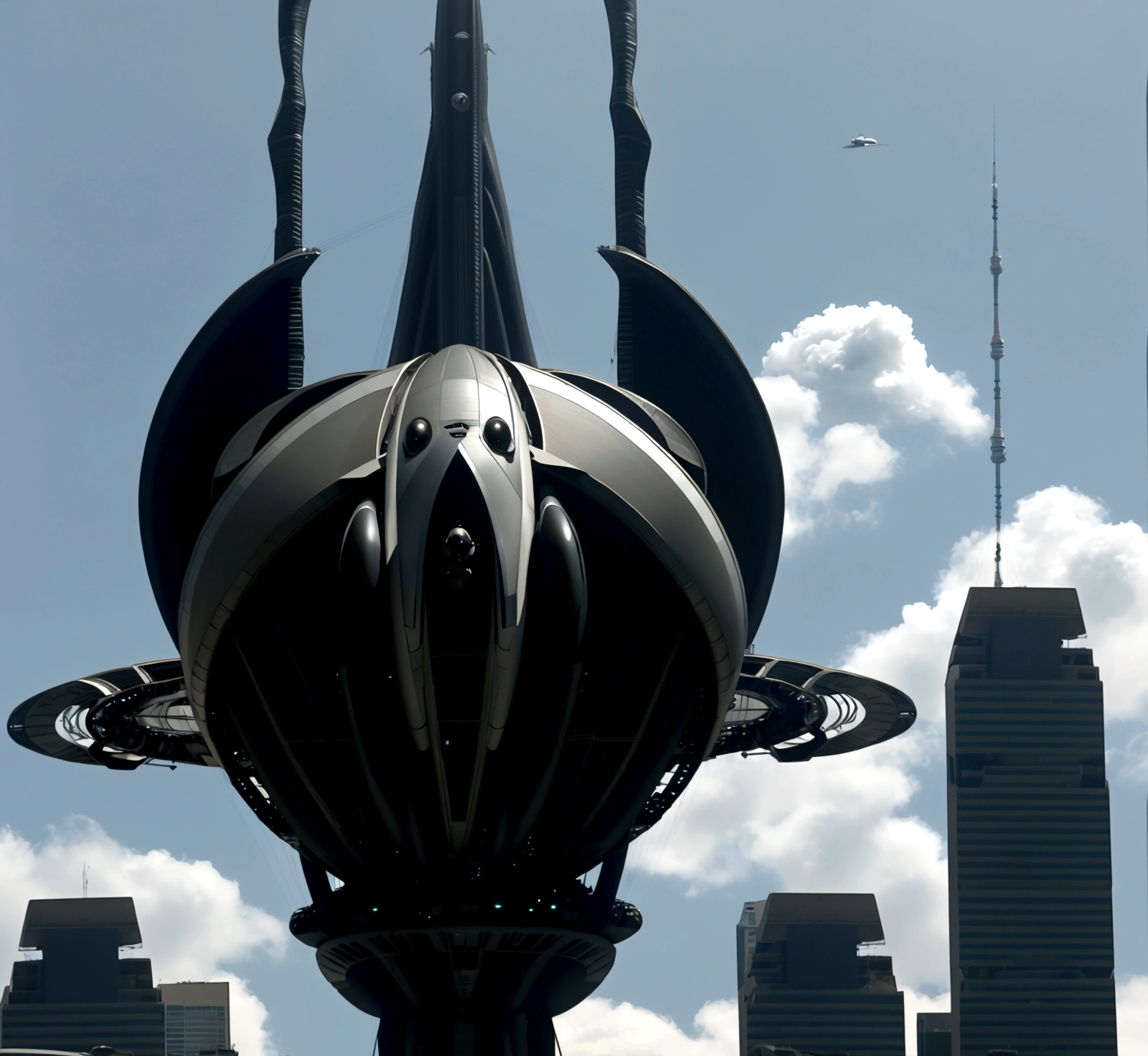 Science fiction scene: Aliens ((very similar to humans)) arriving on planet Earth. In the sky, a gigantic mothership ((1km long, 100 meters high and 300 meters wide, )) surrounded by smaller spacecraft, flying over the city of São Paulo, brazil