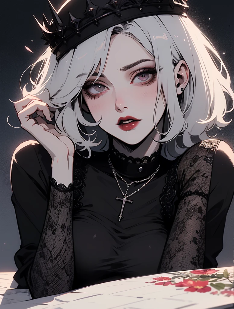 a beautiful woman with demonic makeup and a red floral top standing with her hands on her hips, bob cut, solo, 1girl, heterochromia, black hair, hat, bruno bucciarati, lipstick, breasts, short hair, makeup masterpiece, best quality, 1girl,winona, girl, chill expression, mysterious,more_details:-1, more_details:0, more_details:0.5, more_details:1, more_details:1.5,sharp focus, perfect hands, perfect light looking at viewer, black background,mirrornun,sharp focus, perfect hands, perfect light, ((best quality)), ((Meisterwerk)), (detailliert), perfektes Gesicht