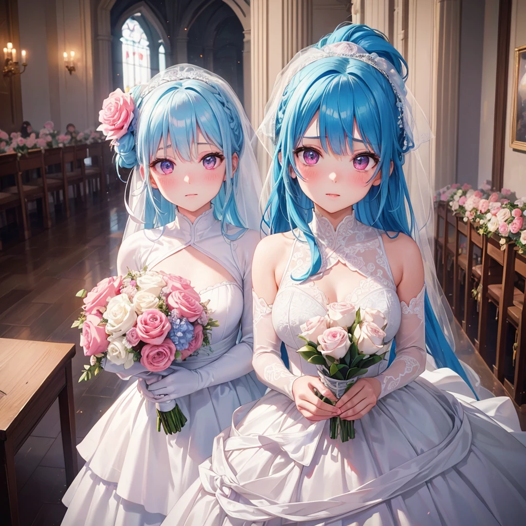 Sky blue hair, (Braided Ponytail),(Pink Eyes),Fair skin ,(whole body),(1 Girl),bride,blush,Straight bangs, 6月のbride,Wedding dress,(masterpiece, Highest quality, Very detailed, Best Shadow), (Detailed Background), (Beautifully detailed face), High Contrast, (Best lighting, Very delicate and beautiful), ((Cinematic Light)), colorful, Hyper Detail, Dramatic Light, Intricate details,Wedding hall,Bouquet of roses