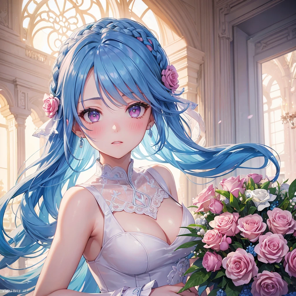 Sky blue hair, (Braided Ponytail),(Pink Eyes),Fair skin ,(whole body),(1 Girl),bride,blush,Straight bangs, 6月のbride,Wedding dress,(masterpiece, Highest quality, Very detailed, Best Shadow), (Detailed Background), (Beautifully detailed face), High Contrast, (Best lighting, Very delicate and beautiful), ((Cinematic Light)), colorful, Hyper Detail, Dramatic Light, Intricate details,Wedding hall,Bouquet of roses