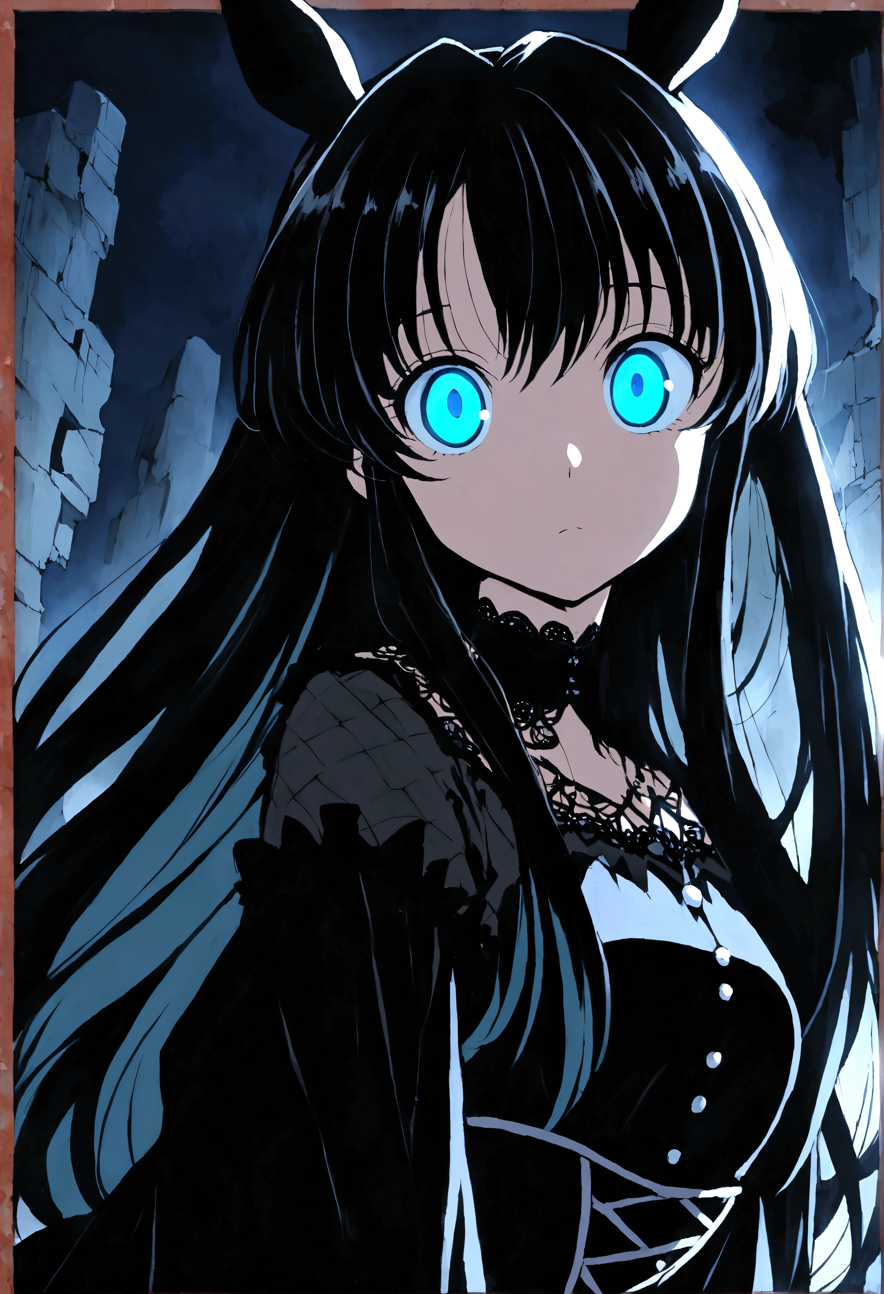Anime girl with long black hair and blue eyes, Anime Moe Art Style, Gothic maiden anime girl, Gap Moe Yandere Grim Dark, Anime girl in a black dress, Ghostly eyes and dark hair, 1 7 - Year Old Anime Goth Girl, ufotable&#39;s art style, by Hitoshi Homura, Fate-like anime style/Stay Night, Long Hair Anime Girl　In the ruins　Decadent　dark　Gothic Horror　Light blue eyes　Horse ears　Horse Girl
