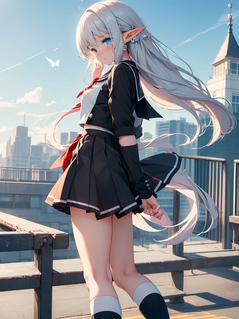 (((Side angle)))、High school rooftop、((Elf Girl,One person)),黒髪ロングのElf Girlが手すりをつかんで立っている。((Wearing a sailor uniform))、Black collar、Red ribbon、Black Skirt、White knee-high socks、Black leather shoes。((Hair fluttering in the wind)）、((The skirt is fluttering in the wind))、((((Tears flowing))))、