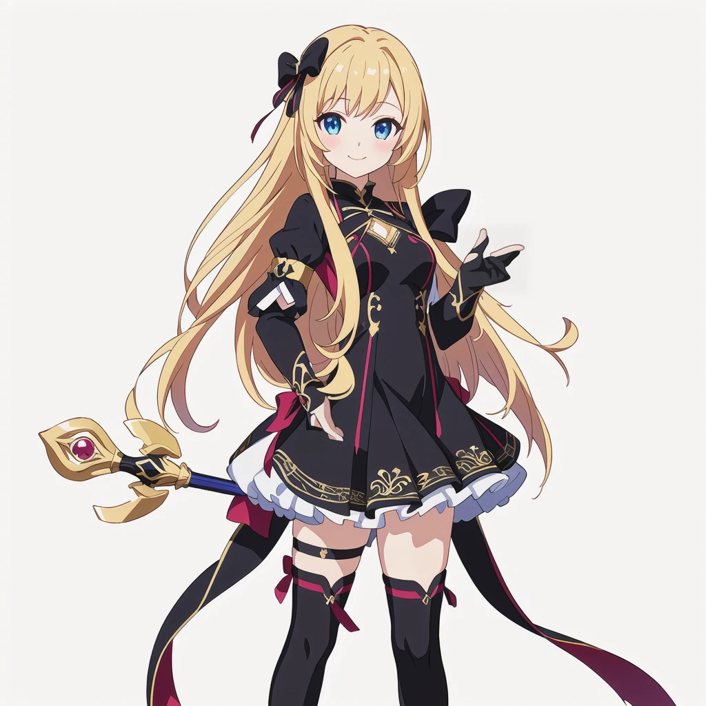 Highest quality, high resolution, High quality anime art style, Perfect hands,Perfect Fingers.Official Art, Smooth anime CG art, Stylized anime, Cute 3D anime girl render, Visual Novel Sprites, White background, whole body, Anime-style 3D, Smooth anime CG art, humanoid woman, JRPG Characters, Magical Girl Style, Anime woman in a black dress with maroon ribbon, Black gloves, Blonde, Long Hair, Light blue eyes, smile, Holding an ornate magic wand in his right hand, Small Bust, Small breasts, 15 years old, 